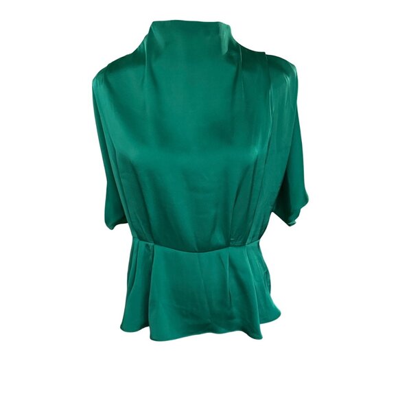 H&M Green Satin Blouse Womens Size M With Peplum Waist & Short Cape Sleeves - Picture 1 of 5